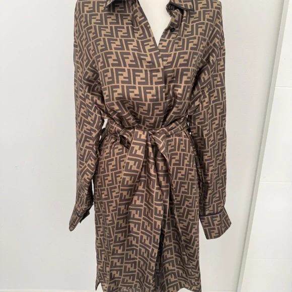 FENDI Brown Monogram Twill Midi Silk Shirt Dress